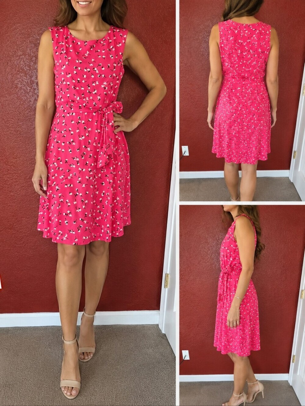 Women’s Pink Floral Tie-Waist Sleeveless Dress